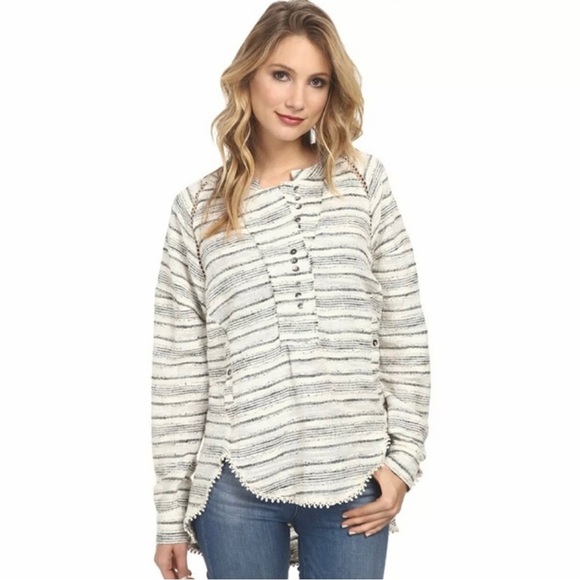 Free People ladies Summer Tweed Hideaway Henley Ivory Striped Top size small - Picture 1 of 13